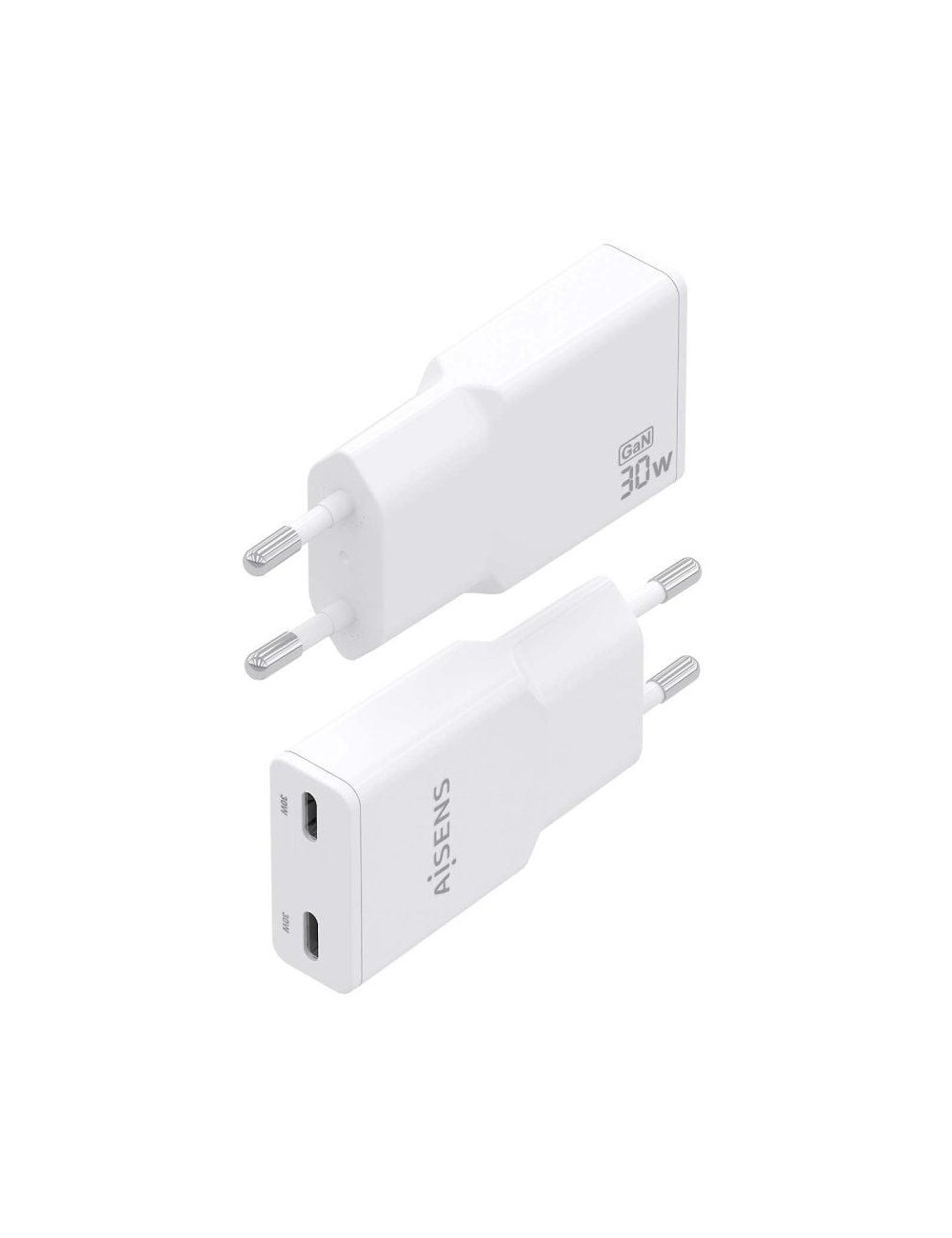 Cargador de Pared GaN Aisens ASCH-30W2P048-W/ 2xUSB Tipo-C/ 30W/ Blanco