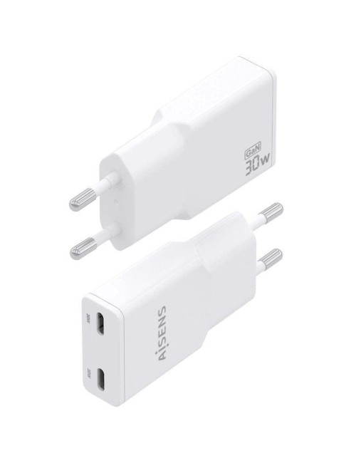 Cargador de Pared GaN Aisens ASCH-30W2P048-W/ 2xUSB Tipo-C/ 30W/ Blanco
