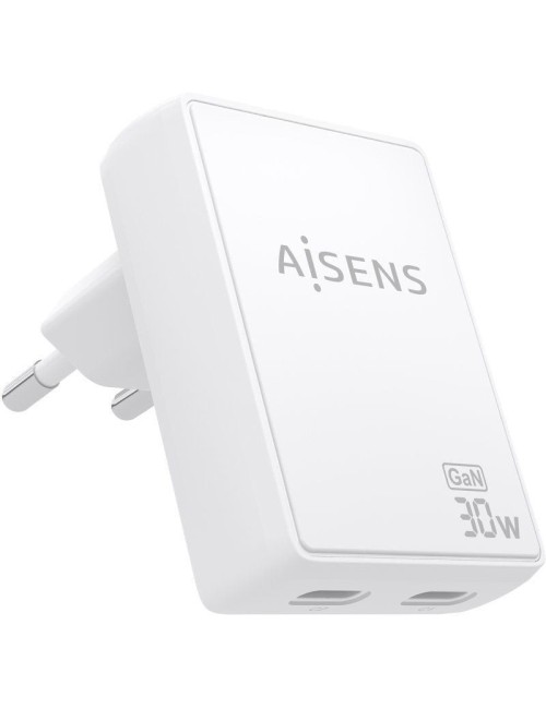 Cargador de Pared GaN Aisens ASCH-30W2P075-W/ 2xUSB Tipo-C/ 30W/ Blanco
