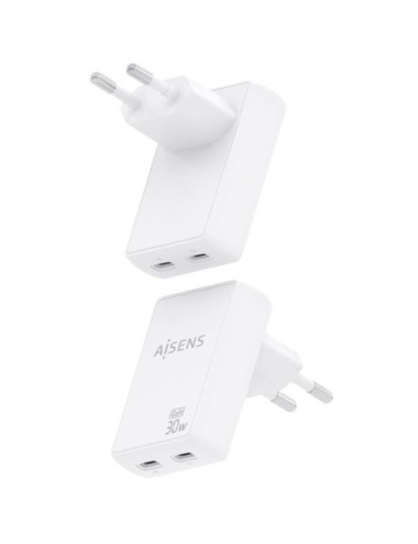 Cargador de Pared GaN Aisens ASCH-30W2P075-W/ 2xUSB Tipo-C/ 30W/ Blanco