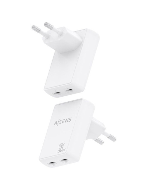 Cargador de Pared GaN Aisens ASCH-30W2P075-W/ 2xUSB Tipo-C/ 30W/ Blanco