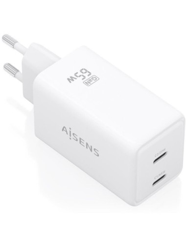 Cargador de Pared GaN Aisens ASCH-65W2P078-W/ 2xUSB Tipo-C/ 65W/ Blanco