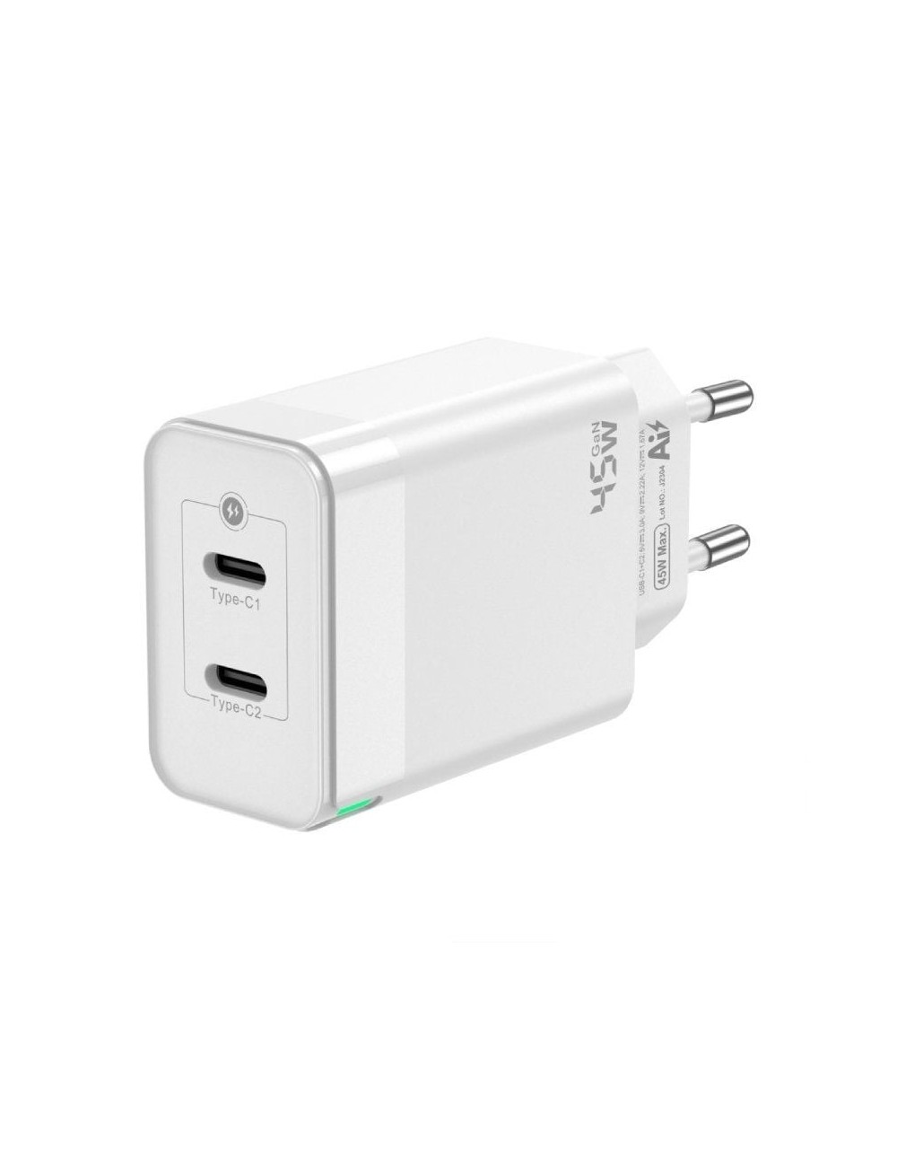 Cargador de Pared GaN Aisens ASCH-45W2P005-W/ 2xUSB Tipo-C/ 45W