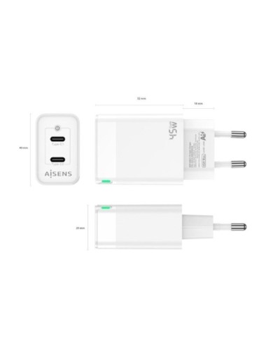 Cargador de Pared GaN Aisens ASCH-45W2P005-W/ 2xUSB Tipo-C/ 45W