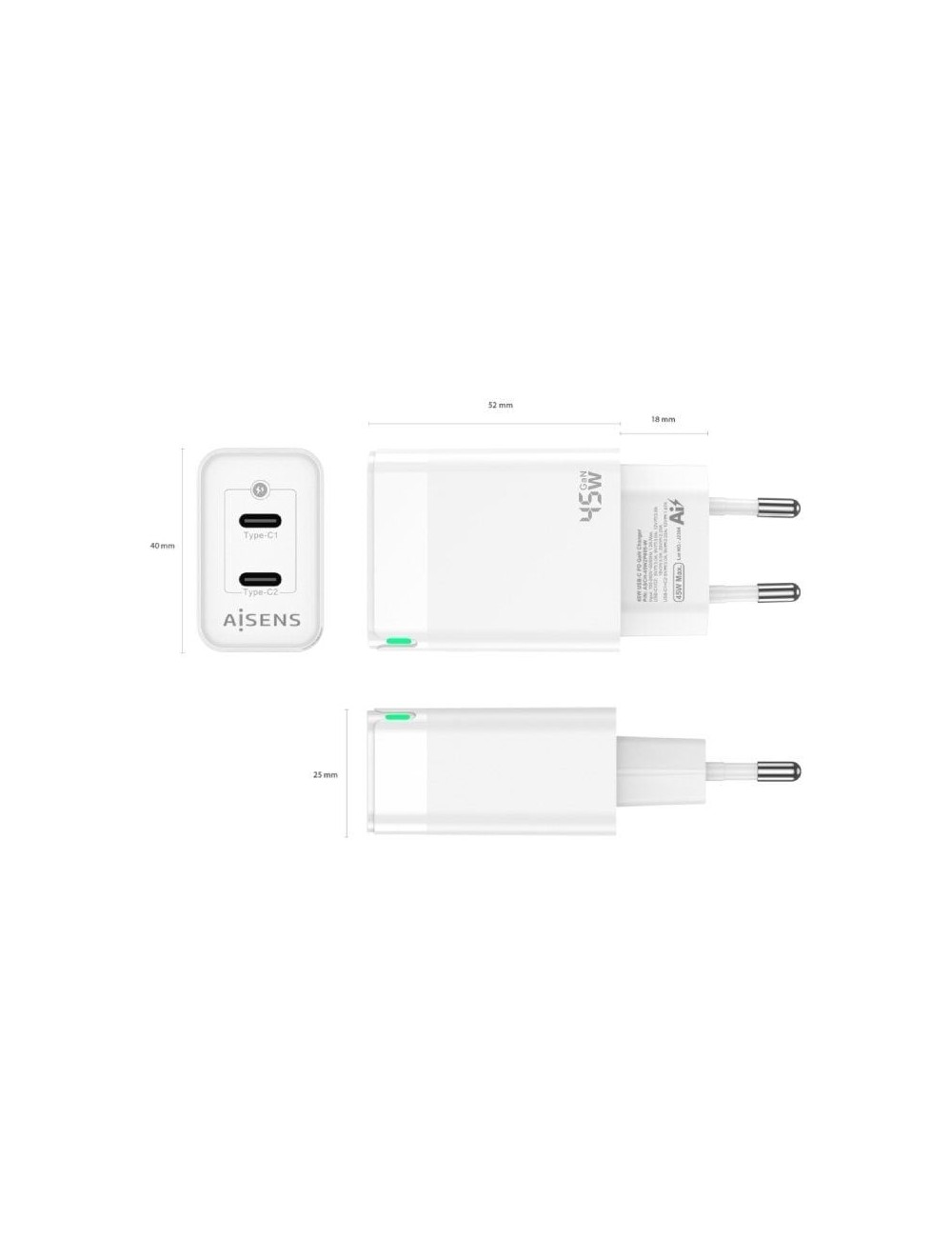 Cargador de Pared GaN Aisens ASCH-45W2P005-W/ 2xUSB Tipo-C/ 45W
