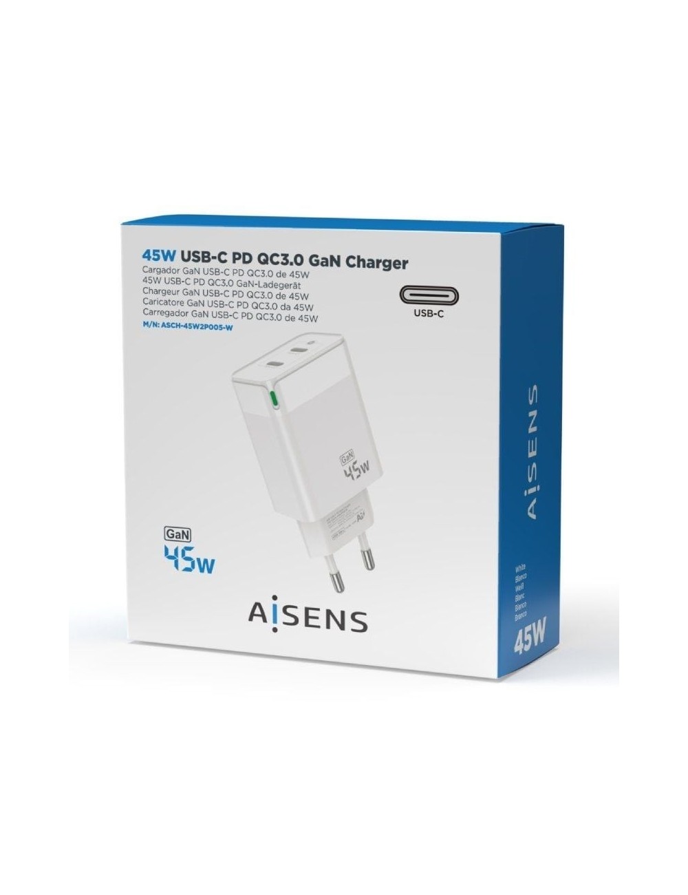 Cargador de Pared GaN Aisens ASCH-45W2P005-W/ 2xUSB Tipo-C/ 45W