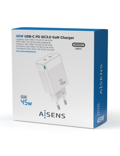 Cargador de Pared GaN Aisens ASCH-45W2P005-W/ 2xUSB Tipo-C/ 45W