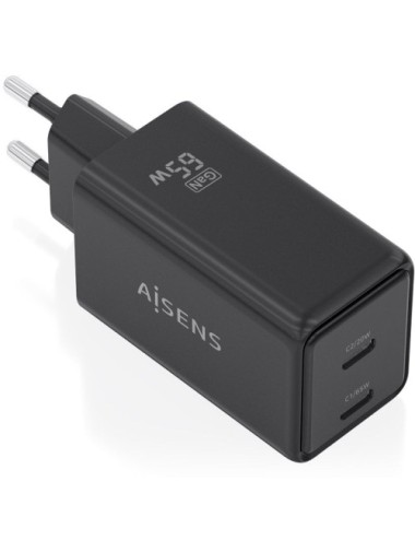 Cargador de Pared GaN Aisens ASCH-65W2P079-BK/ 2xUSB Tipo-C/ 65W/ Negro