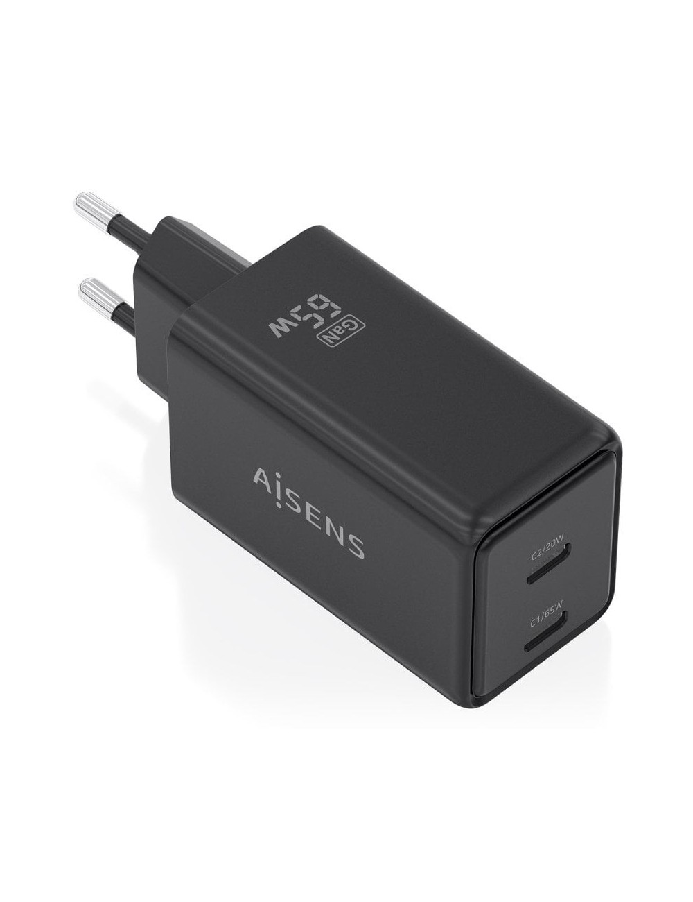 Cargador de Pared GaN Aisens ASCH-65W2P079-BK/ 2xUSB Tipo-C/ 65W/ Negro
