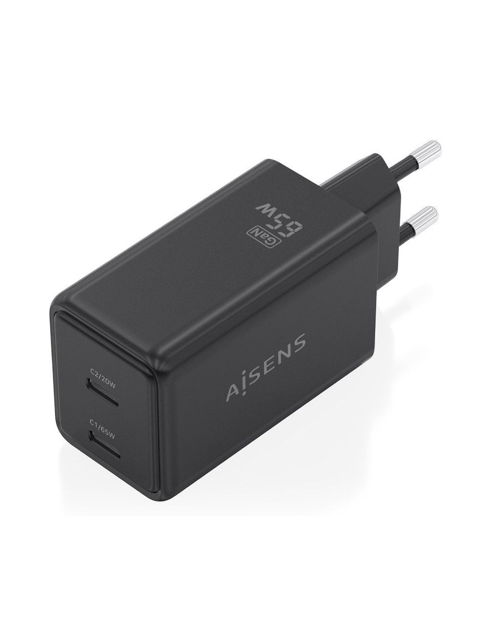 Cargador de Pared GaN Aisens ASCH-65W2P079-BK/ 2xUSB Tipo-C/ 65W/ Negro