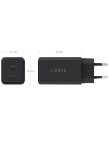 Cargador de Pared GaN Aisens ASCH-65W2P079-BK/ 2xUSB Tipo-C/ 65W/ Negro