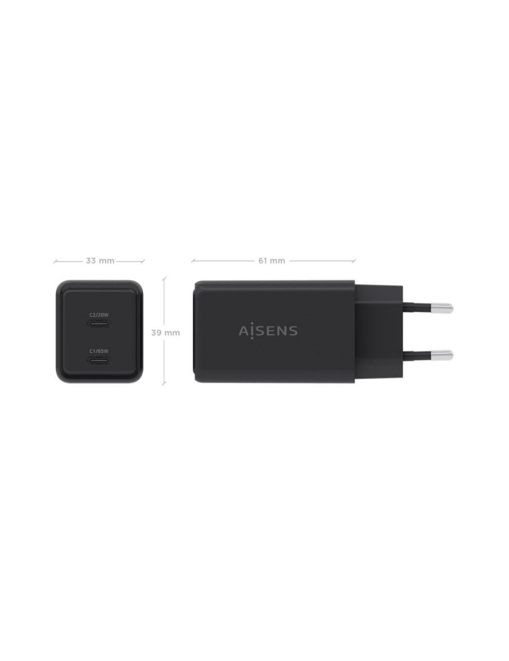 Cargador de Pared GaN Aisens ASCH-65W2P079-BK/ 2xUSB Tipo-C/ 65W/ Negro