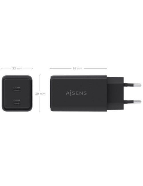 Cargador de Pared GaN Aisens ASCH-65W2P079-BK/ 2xUSB Tipo-C/ 65W/ Negro