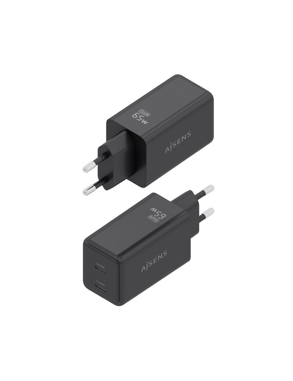 Cargador de Pared GaN Aisens ASCH-65W2P079-BK/ 2xUSB Tipo-C/ 65W/ Negro