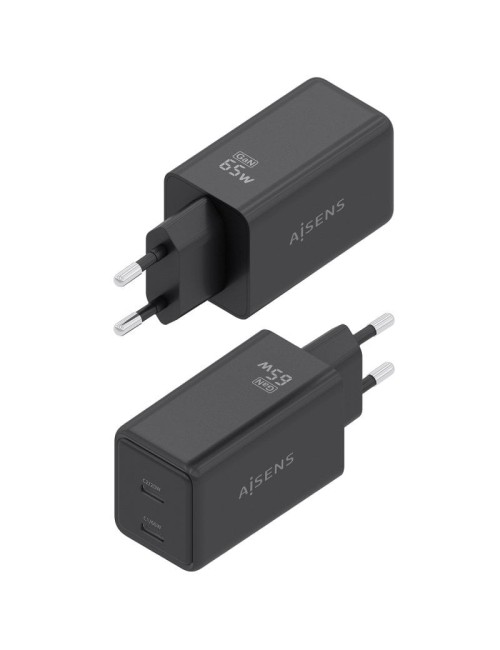 Cargador de Pared GaN Aisens ASCH-65W2P079-BK/ 2xUSB Tipo-C/ 65W/ Negro