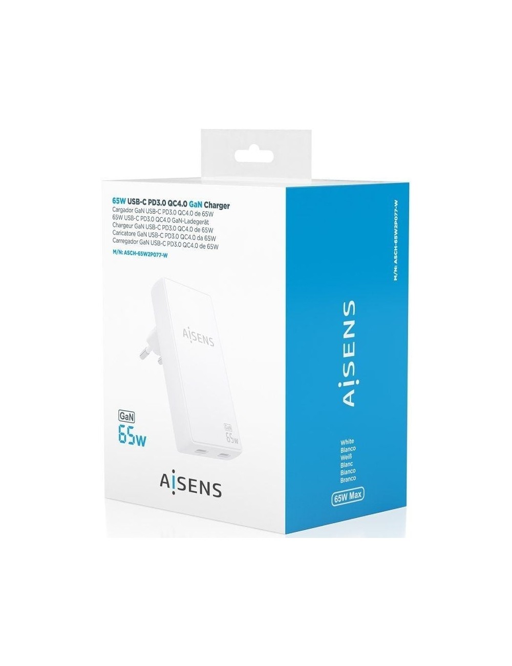 Cargador de Pared GaN Aisens ASCH-65W2P077-W/ 2xUSB Tipo-C/ 65W/ Blanco