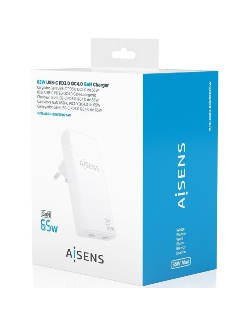 Cargador de Pared GaN Aisens ASCH-65W2P077-W/ 2xUSB Tipo-C/ 65W/ Blanco