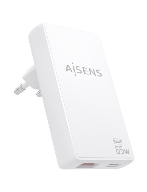Cargador de Pared GaN Aisens ASCH-65W2P076-W/ 1xUSB Tipo-C/ 1xUSB/ 65W/ Blanco