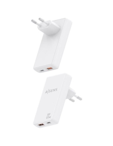 Cargador de Pared GaN Aisens ASCH-65W2P076-W/ 1xUSB Tipo-C/ 1xUSB/ 65W/ Blanco