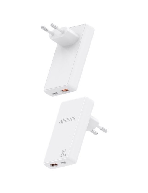 Cargador de Pared GaN Aisens ASCH-65W2P076-W/ 1xUSB Tipo-C/ 1xUSB/ 65W/ Blanco