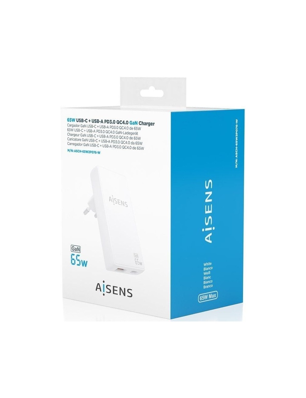 Cargador de Pared GaN Aisens ASCH-65W2P076-W/ 1xUSB Tipo-C/ 1xUSB/ 65W/ Blanco