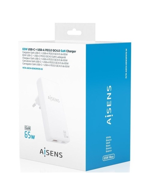 Cargador de Pared GaN Aisens ASCH-65W2P076-W/ 1xUSB Tipo-C/ 1xUSB/ 65W/ Blanco
