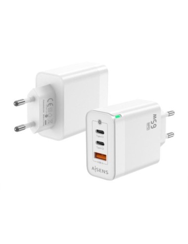 Cargador de Pared GaN Aisens ASCH-65W3P007-W/ 2xUSB Tipo-C/ 1x USB/ 65W