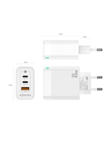 Cargador de Pared GaN Aisens ASCH-65W3P007-W/ 2xUSB Tipo-C/ 1x USB/ 65W