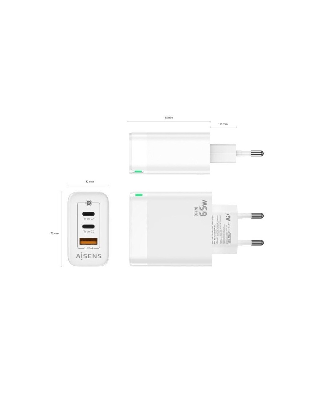 Cargador de Pared GaN Aisens ASCH-65W3P007-W/ 2xUSB Tipo-C/ 1x USB/ 65W