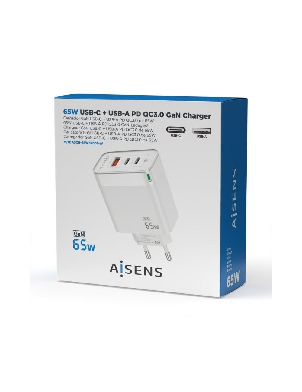 Cargador de Pared GaN Aisens ASCH-65W3P007-W/ 2xUSB Tipo-C/ 1x USB/ 65W