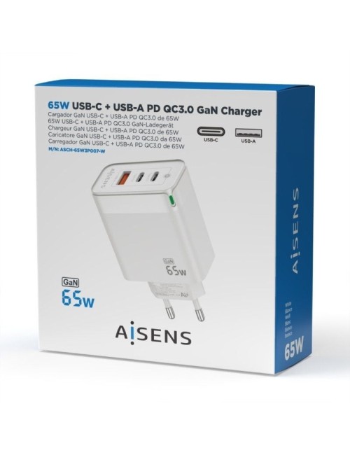 Cargador de Pared GaN Aisens ASCH-65W3P007-W/ 2xUSB Tipo-C/ 1x USB/ 65W