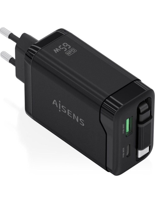 Cargador de Pared GaN Aisens ASCH-65W3P071-BK/ 1xUSB Tipo-C/ 1xUSB/ 65W/ Negro
