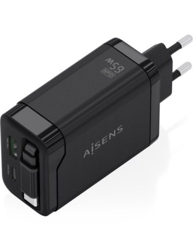 Cargador de Pared GaN Aisens ASCH-65W3P071-BK/ 1xUSB Tipo-C/ 1xUSB/ 65W/ Negro