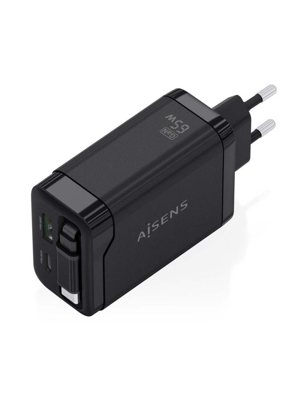 Cargador de Pared GaN Aisens ASCH-65W3P071-BK/ 1xUSB Tipo-C/ 1xUSB/ 65W/ Negro