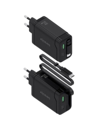 Cargador de Pared GaN Aisens ASCH-65W3P071-BK/ 1xUSB Tipo-C/ 1xUSB/ 65W/ Negro
