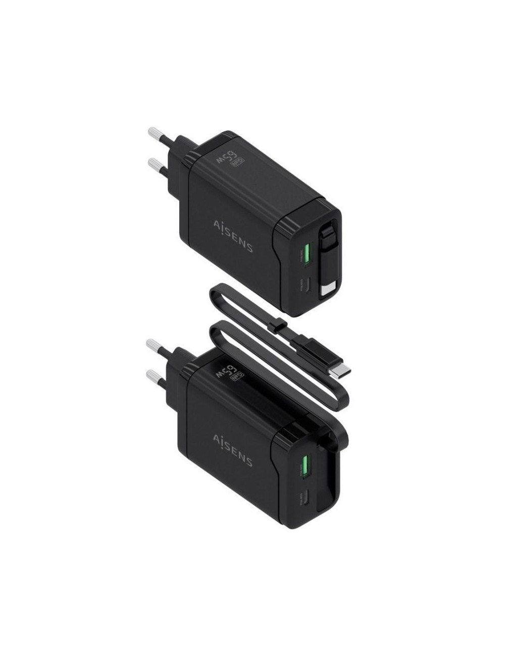 Cargador de Pared GaN Aisens ASCH-65W3P071-BK/ 1xUSB Tipo-C/ 1xUSB/ 65W/ Negro