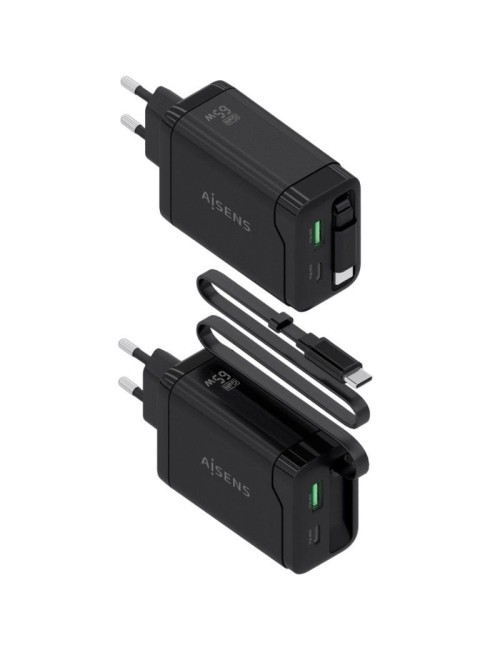 Cargador de Pared GaN Aisens ASCH-65W3P071-BK/ 1xUSB Tipo-C/ 1xUSB/ 65W/ Negro