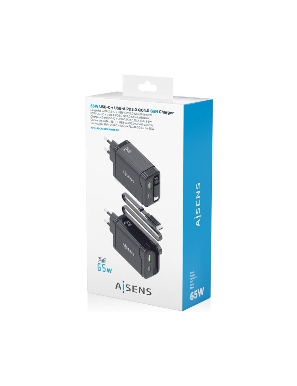 Cargador de Pared GaN Aisens ASCH-65W3P071-BK/ 1xUSB Tipo-C/ 1xUSB/ 65W/ Negro