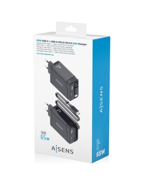 Cargador de Pared GaN Aisens ASCH-65W3P071-BK/ 1xUSB Tipo-C/ 1xUSB/ 65W/ Negro