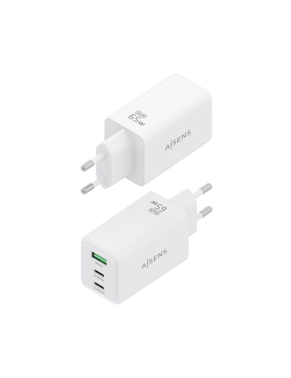 Cargador de Pared GaN Aisens ASCH-65W3P072-W/ 2xUSB Tipo-C/ 1xUSB/ 65W/ Blanco