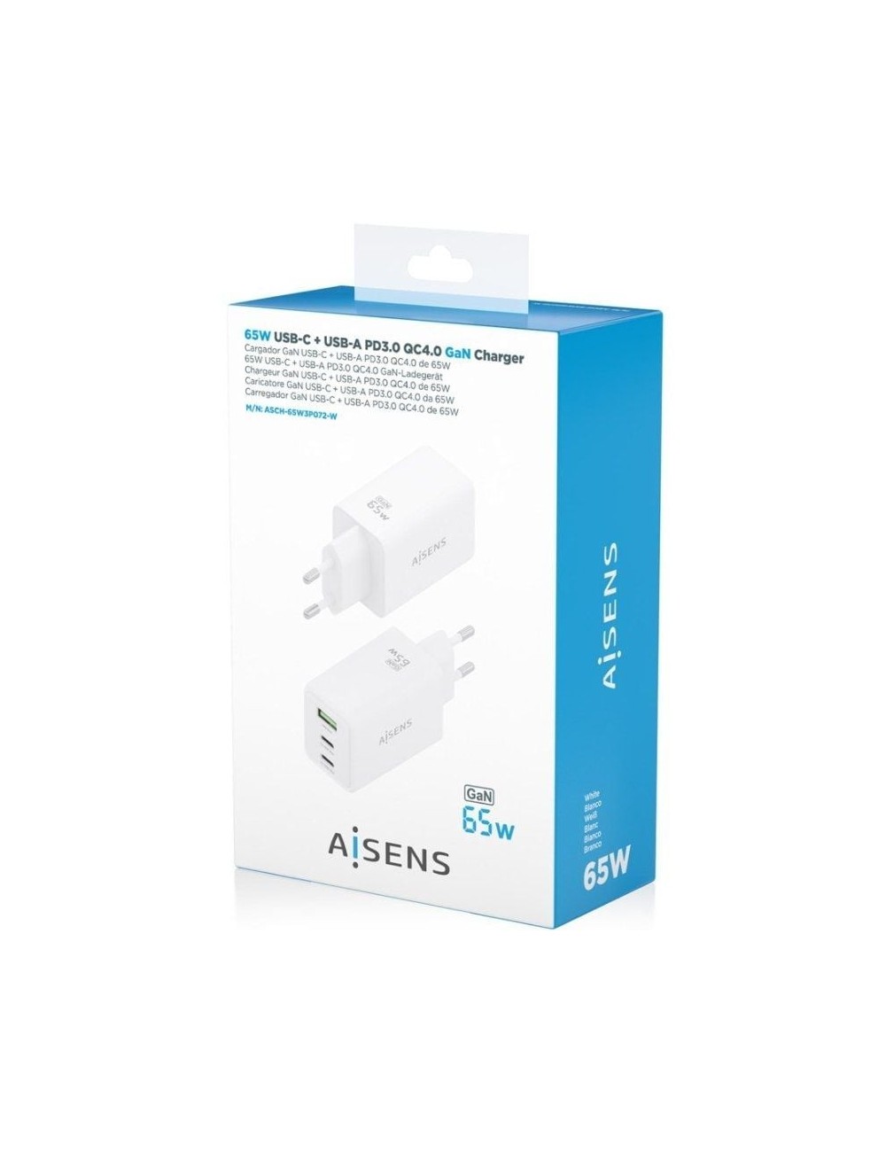 Cargador de Pared GaN Aisens ASCH-65W3P072-W/ 2xUSB Tipo-C/ 1xUSB/ 65W/ Blanco
