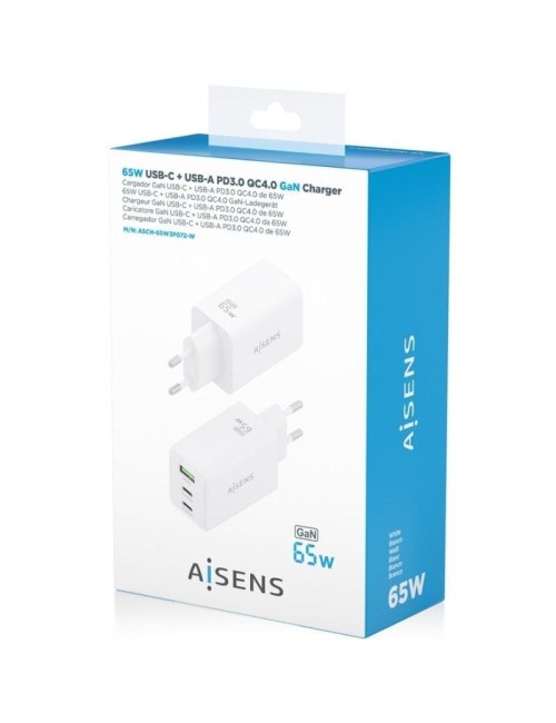 Cargador de Pared GaN Aisens ASCH-65W3P072-W/ 2xUSB Tipo-C/ 1xUSB/ 65W/ Blanco