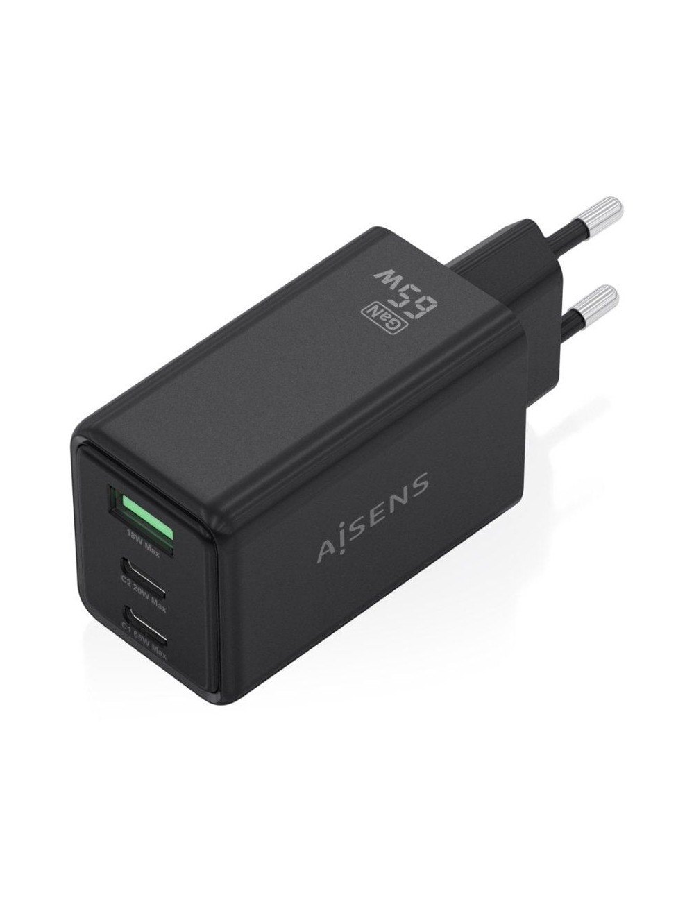 Cargador de Pared GaN Aisens ASCH-65W3P073-BK/ 2xUSB Tipo-C/ 1xUSB/ 65W/ Negro
