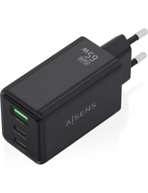 Cargador de Pared GaN Aisens ASCH-65W3P073-BK/ 2xUSB Tipo-C/ 1xUSB/ 65W/ Negro