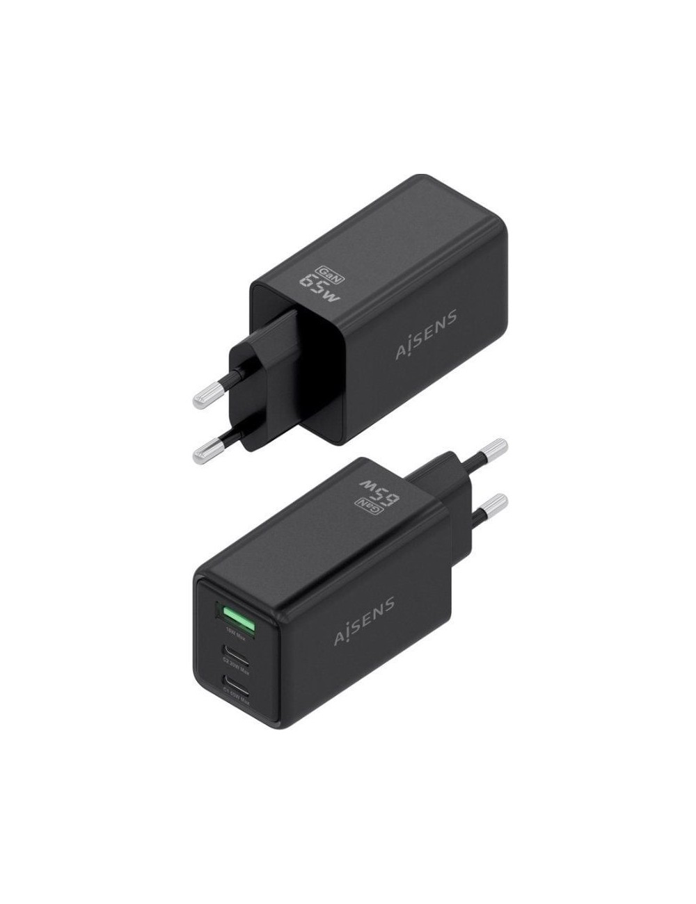 Cargador de Pared GaN Aisens ASCH-65W3P073-BK/ 2xUSB Tipo-C/ 1xUSB/ 65W/ Negro