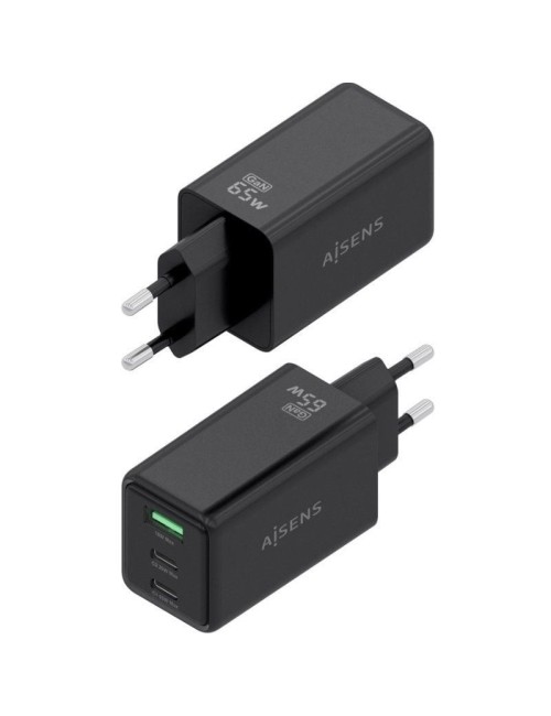 Cargador de Pared GaN Aisens ASCH-65W3P073-BK/ 2xUSB Tipo-C/ 1xUSB/ 65W/ Negro