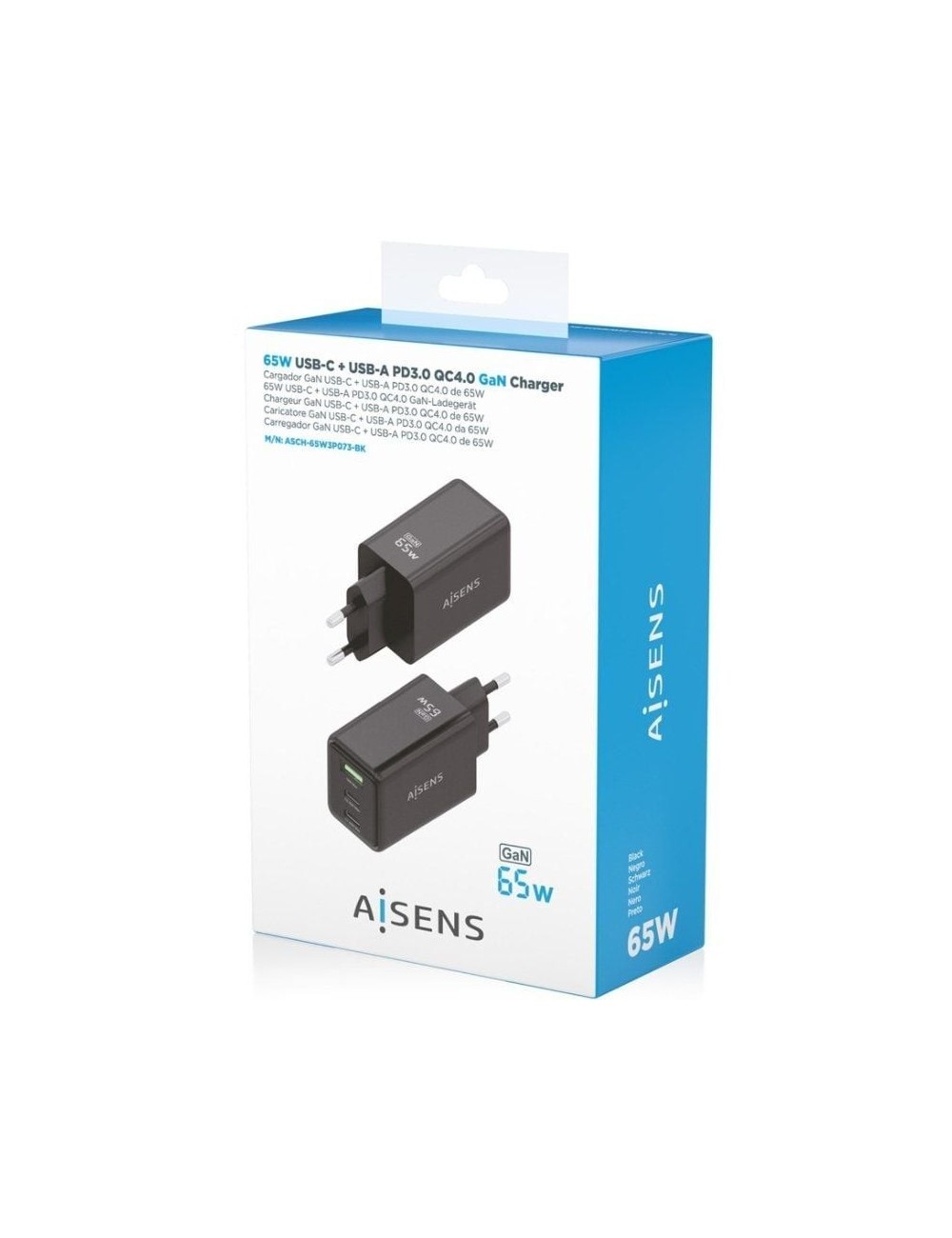 Cargador de Pared GaN Aisens ASCH-65W3P073-BK/ 2xUSB Tipo-C/ 1xUSB/ 65W/ Negro