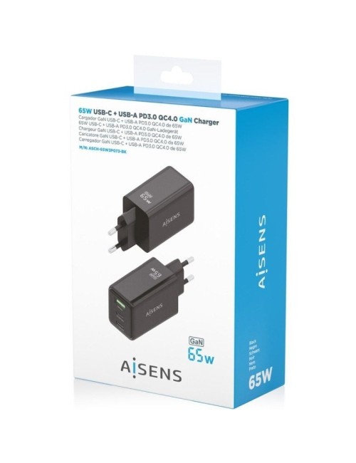 Cargador de Pared GaN Aisens ASCH-65W3P073-BK/ 2xUSB Tipo-C/ 1xUSB/ 65W/ Negro