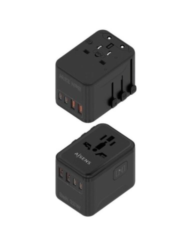 Cargador de Pared Universal GaN para Viaje Aisens ASPS-2A2C08-BK/ Toma de Corriente Universal/ 2xUSB Tipo-C/ 2xUSB/ 25W