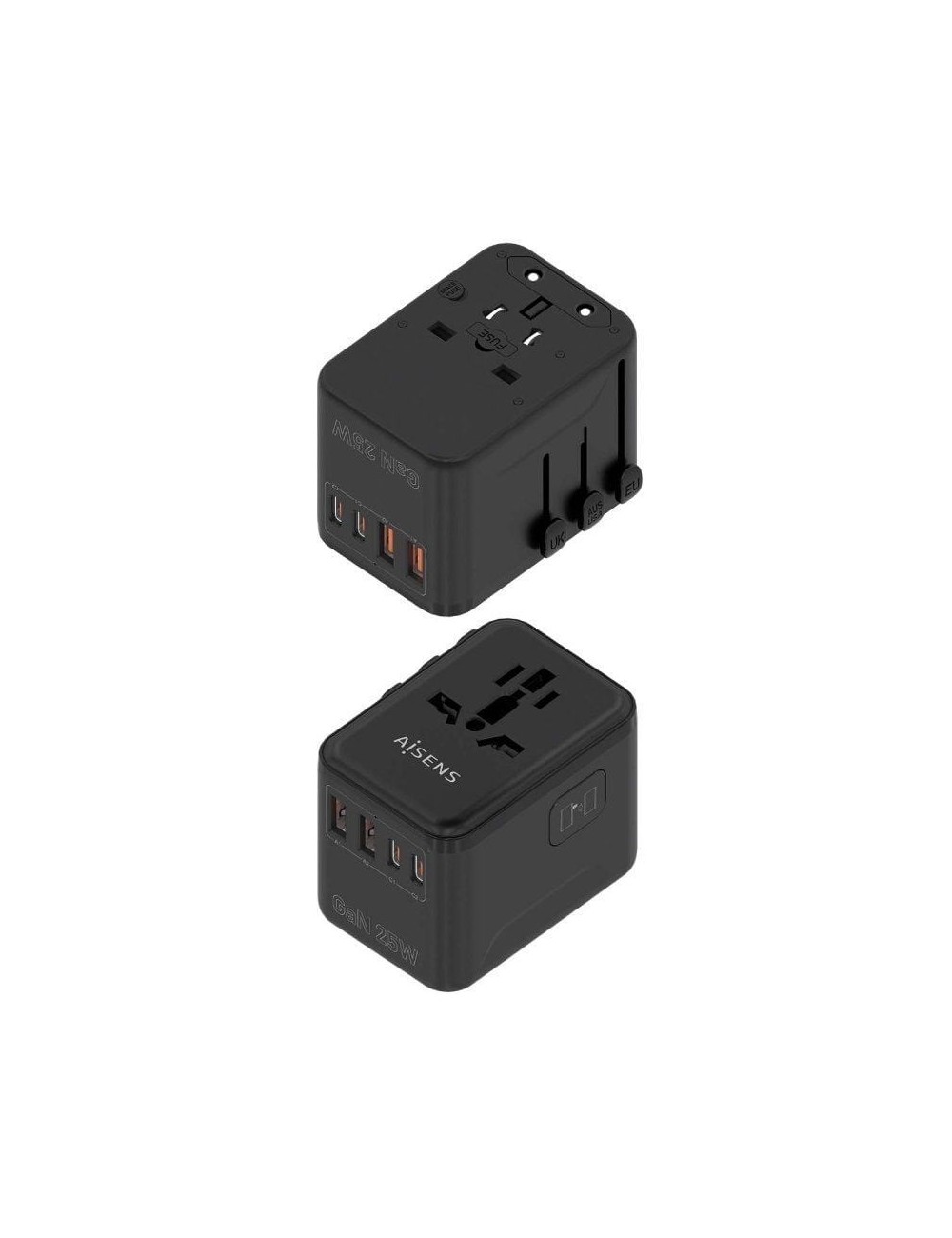 Cargador de Pared Universal GaN para Viaje Aisens ASPS-2A2C08-BK/ Toma de Corriente Universal/ 2xUSB Tipo-C/ 2xUSB/ 25W